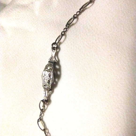 VINTAGE 1920'S TURQUOISE & ONYX  VINTAGE SILVER METAL NECKLACE, CARVED GLASS. - Picture 5 of 7